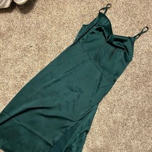 Green Satin Scoop Neck Slit Dress